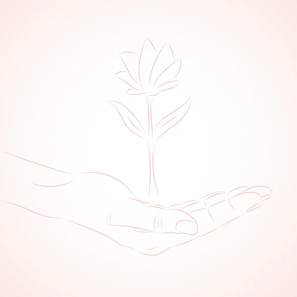 Menselijke handen verzorgen van bloem. hand tekenen — Stockvector