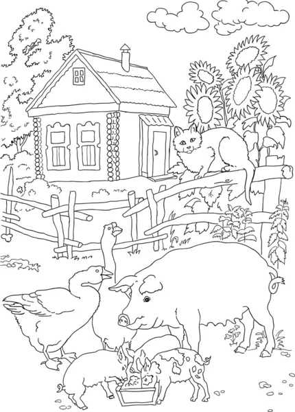 Раскраска кошка, пиг, дом — стоковый вектор