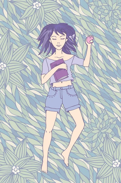 Gadis muda tidur di rumput - Stok Vektor