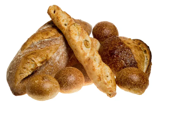 Exposição de pão de padaria isolada em branco — Fotografia de Stock