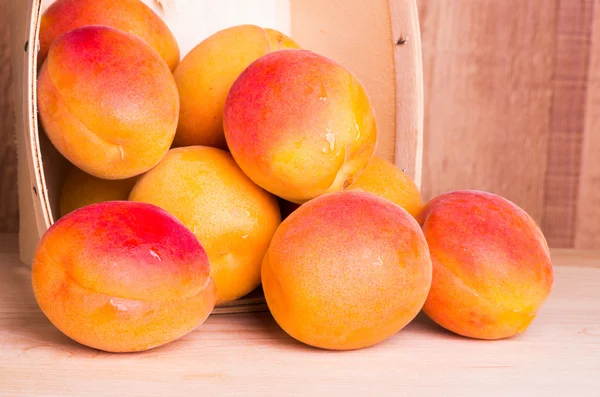 Fresh apricots in wooden basket — Stock Photo, Image
