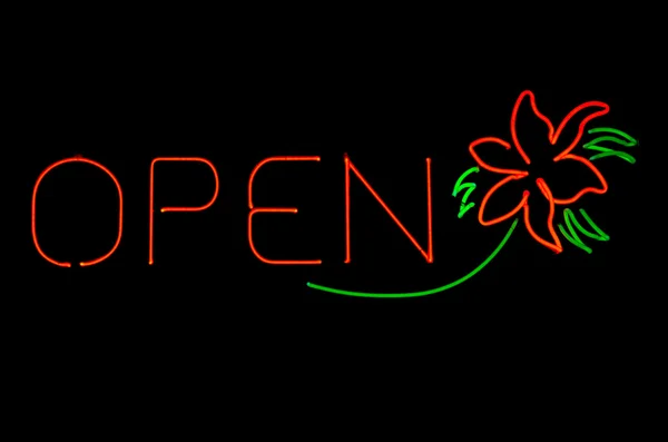 Sinal aberto de néon com flor — Fotografia de Stock