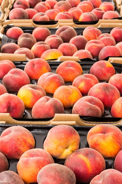 Персики в лотках на выставке — стоковое фото