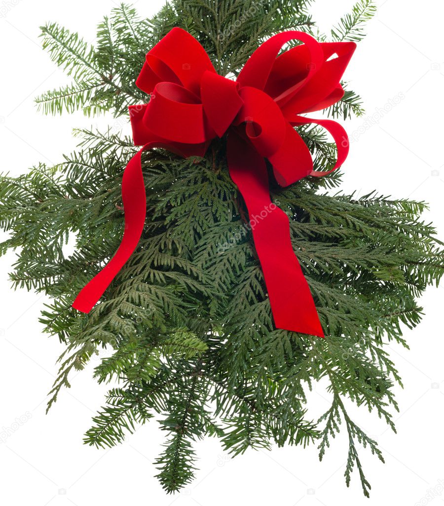 Christmas decoration of live greens and red bow