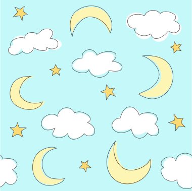 Blue background with clouds, the new moon and the stars clipart