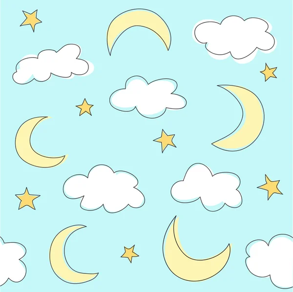 구름, 새 달과 별과 블루 배경 — 스톡 벡터