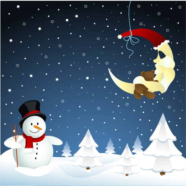 Σελήνη και χιονάνθρωπος, χειμώνας — Διανυσματικό Αρχείο