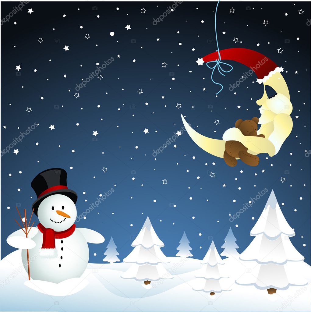 Moon and snowman, winter
