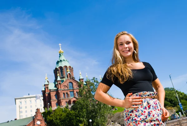 Girl and Uspenski Cathedral — Stock Photo, Image