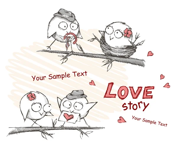 Printemps, oiseaux amoureux assis sur un arbre . — Image vectorielle