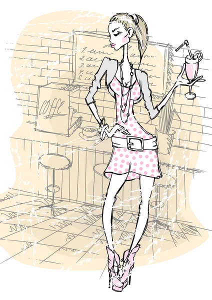 La chica con una bebida en el restaurante . — Vector de stock