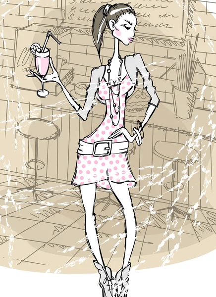 Дівчина з випивкою в ресторані . — стоковий вектор
