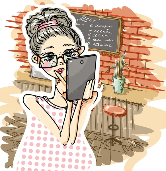 Девочка завтракает и пользуется планшетным компьютером . — стоковый вектор