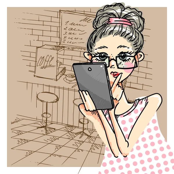 Kahvaltı ve tablet bilgisayar kullanarak güzel bir genç kız. — Stok Vektör