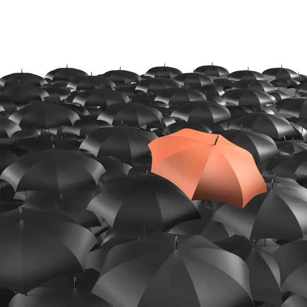 Fundo de guarda-chuvas com um único guarda-chuva laranja — Fotografia de Stock
