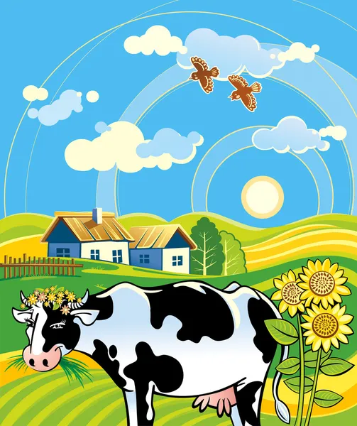 Paysage rural avec vache gaie — Image vectorielle