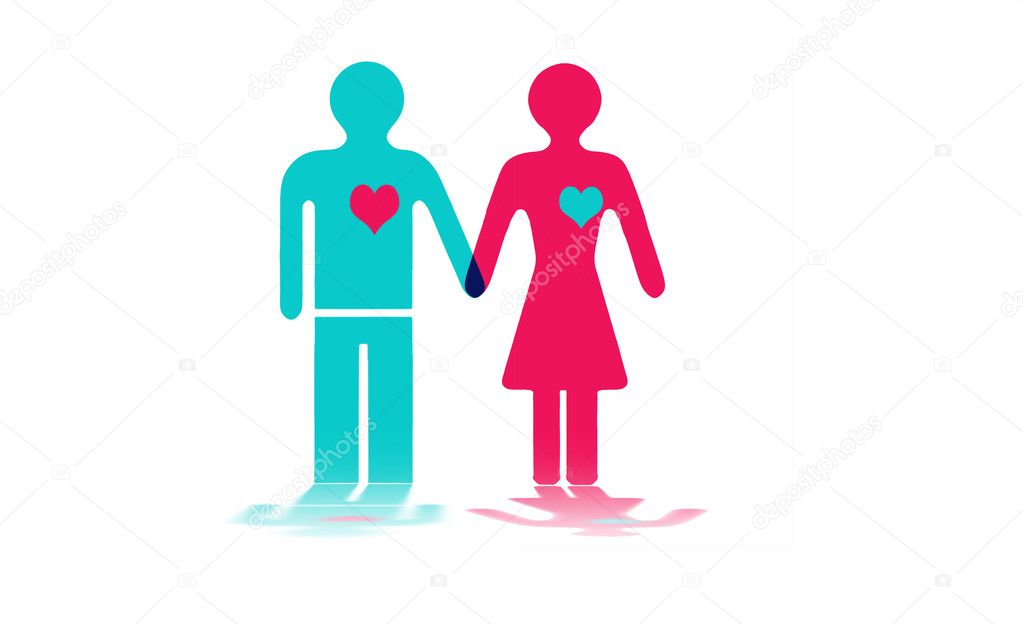 Blue and pink figures of a man and woman holding hands