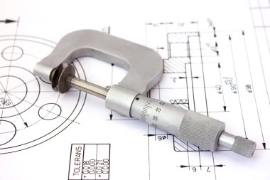 Micrometer on technical drawing. Horizontal clipart