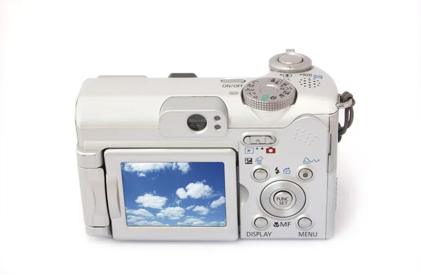 Compact ψηφιακή φωτογραφική μηχανή που απομονώνονται σε λευκό. οπίσθια όψη — Φωτογραφία Αρχείου
