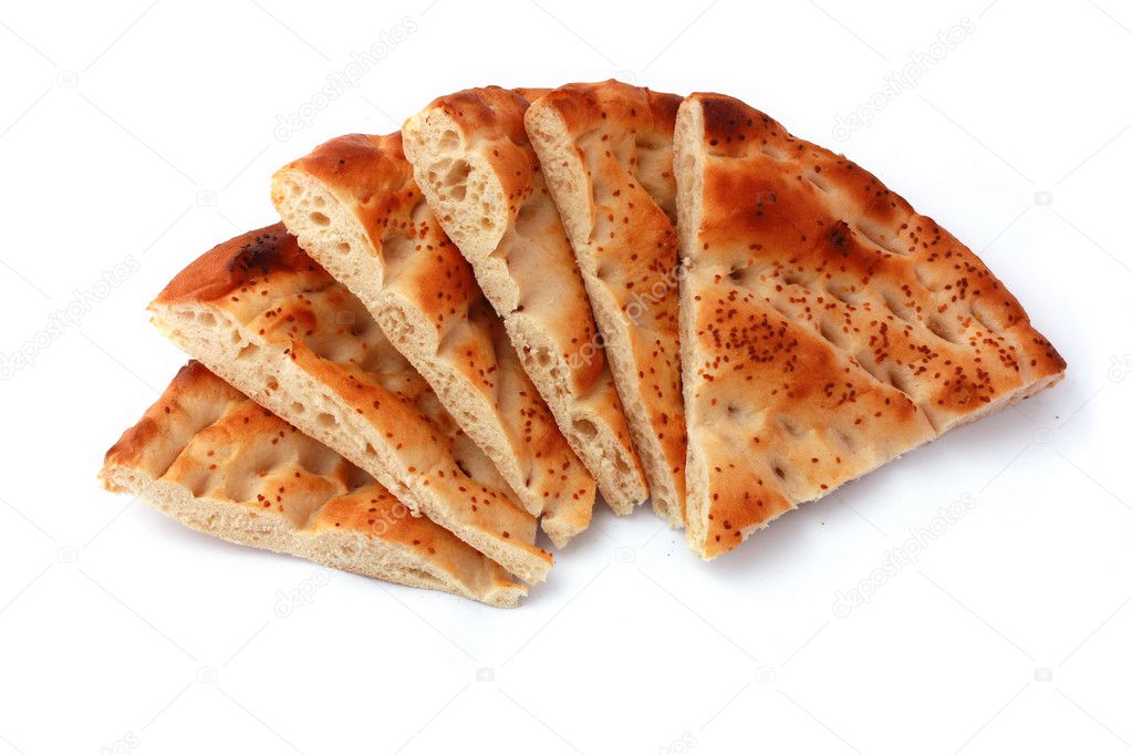 Six slices pita bread isolated on white. Popular food in Ramadan in Turkey.
