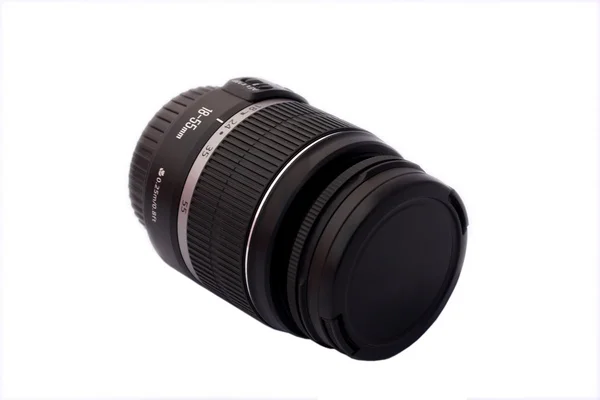 Zoom lens with uv filter and lens cover isolated on white background — Stock Photo, Image