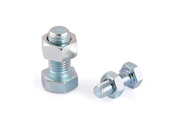 Two steel hexagon bolts and nuts isolated on white background — Stock Photo, Image