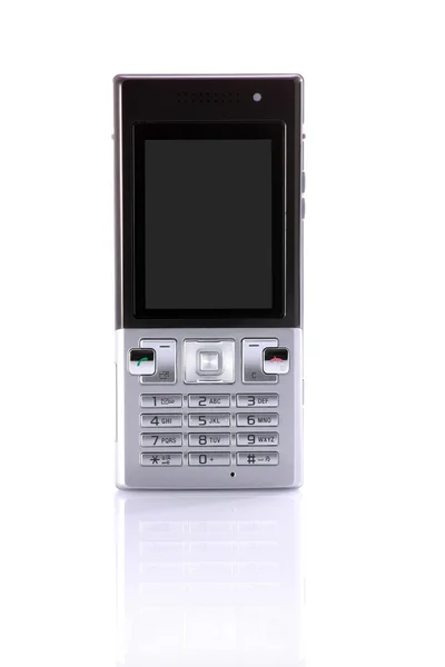 Teléfono celular moderno aislado sobre fondo blanco con reflejo — Foto de Stock
