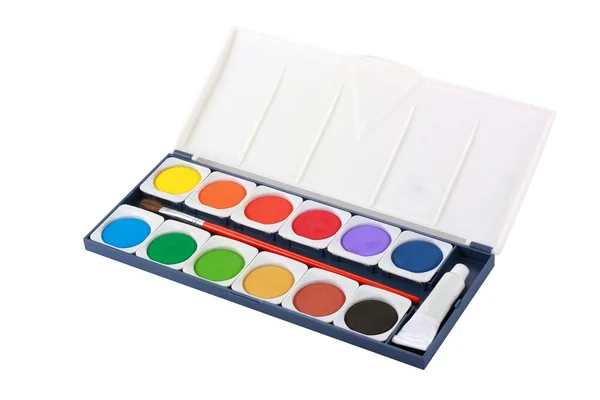 Water color box with brush isolated — Stock Photo, Image