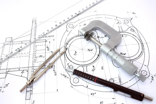 Mikrométer, iránytű, vonalzó és ceruza a blueprint — Stock Fotó