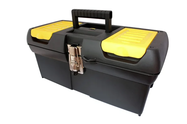 Желтый черный пластиковый ящик для инструментов изолирован на белом с вырезанием pa — стоковое фото