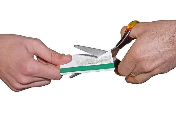 Cięcia karty kredytowej z nożyczkami — Zdjęcie stockowe