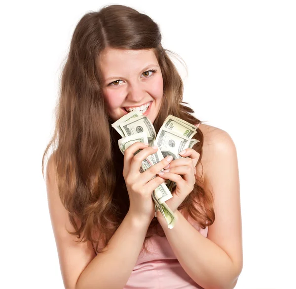 Radosny nastolatka z dolarów na jej ręce — Zdjęcie stockowe