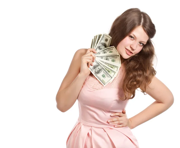 Radosny nastolatka z dolarów na jej ręce — Zdjęcie stockowe