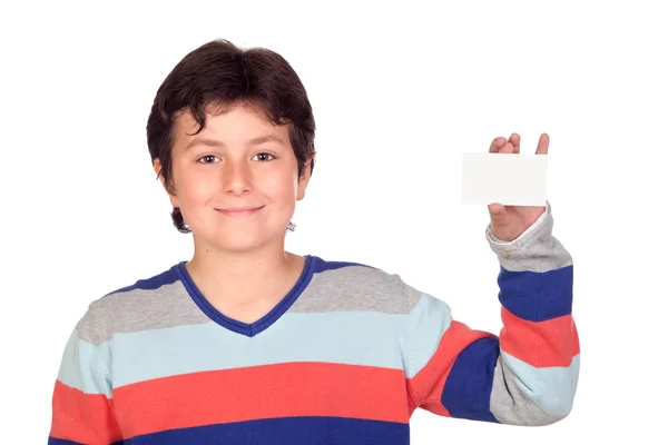 Adorable boy with a blank card — Stock Photo, Image