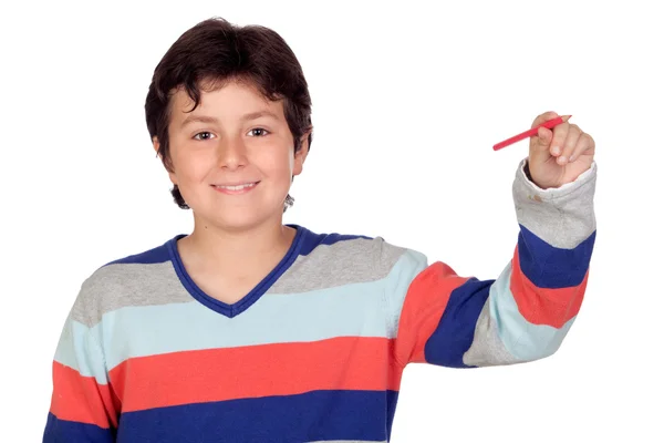 Rozkošný chlapec s červenou tužkou — Stock fotografie