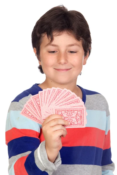 Rozkošný chlapec hrací karty — Stock fotografie