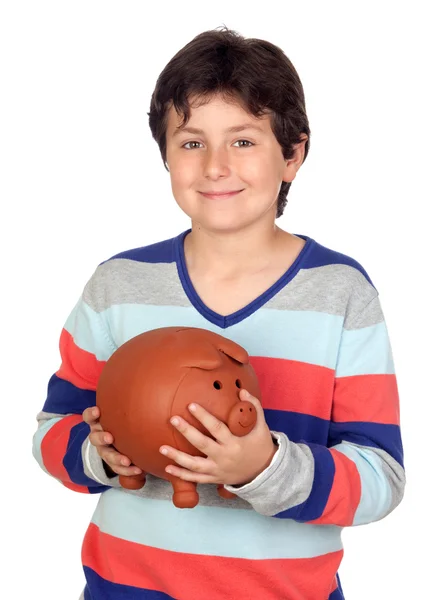 Rozkošný chlapec s velkou prasátko — Stock fotografie