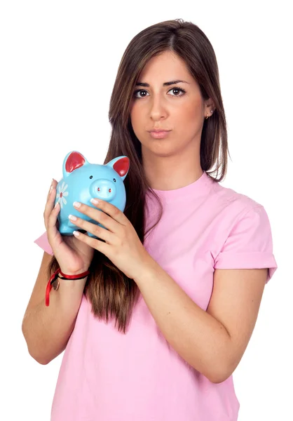 Menina atraente com um porquinho-banco azul — Fotografia de Stock