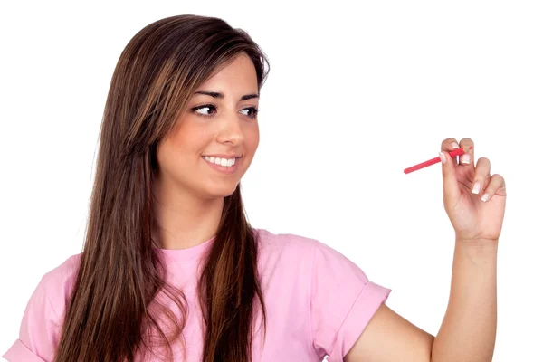Menina atraente com um lápis vermelho — Fotografia de Stock