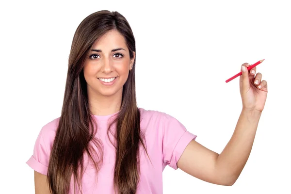 Atractive girl with a red pencil — Stock Photo, Image