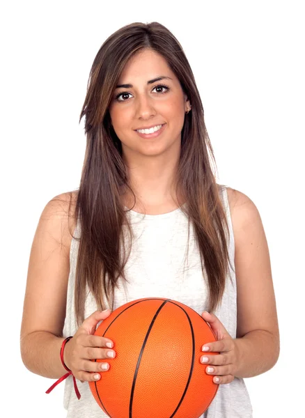 Приваблива дівчина з баскетбольним м'ячем — стокове фото
