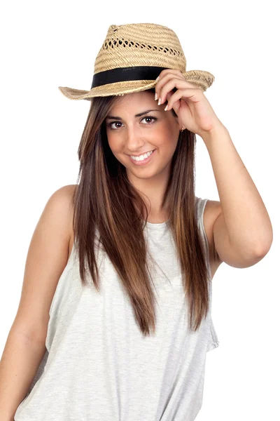 Aranyos lány a hosszú haj és a szalma kalap — Stock Fotó