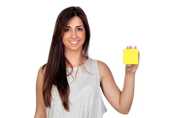 Atrakcyjna dziewczyna z żółtym post-it — Zdjęcie stockowe
