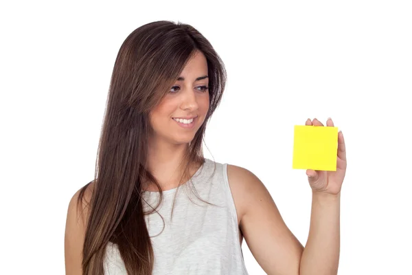 Atractive κορίτσι με ένα κίτρινο post-it — Φωτογραφία Αρχείου