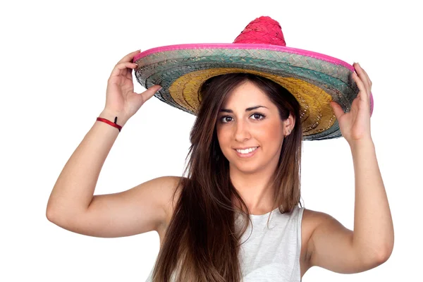 Atractive lány, mexikói kalapot — Stock Fotó