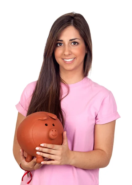 Menina atraente com um grande porquinho-banco — Fotografia de Stock