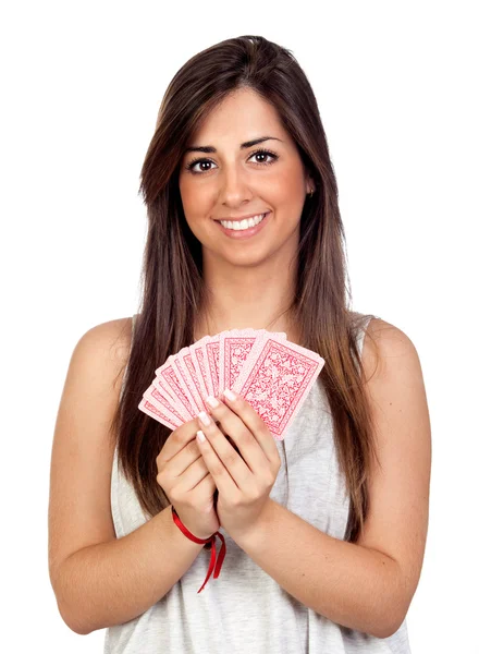Atractive girl playing cards — Stock Photo, Image
