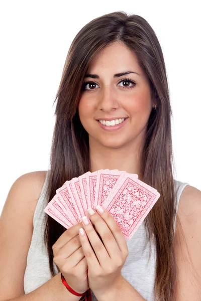 Atractive girl playing cards — Stock Photo, Image