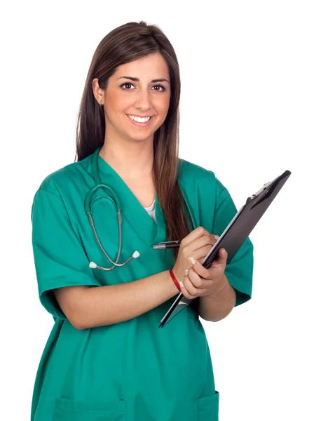 Attraktives medizinisches Mädchen mit Klemmbrett — Stockfoto