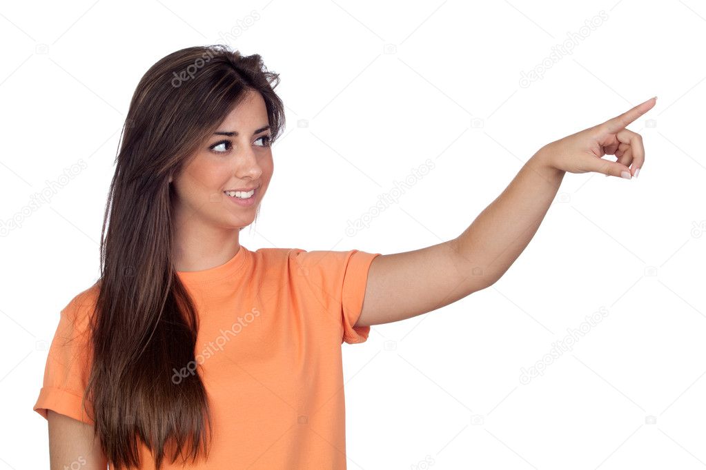 Attractive girl with long hair indicating something by hand